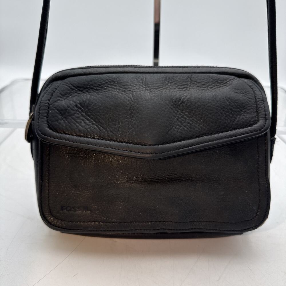 Vintage Fossil Pebbled Leather Black Crossbody Bag Purse With Organizer